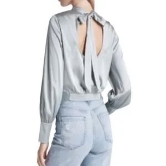 Express Long Sleeve Mock Neck Satin Blouse Open Tie Back Size Medium Rhinestone - Picture 9 of 12